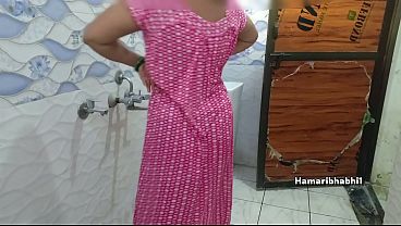 My chubby Desi wife plays with her big boobs in a wet silky maxi and shows her ass.